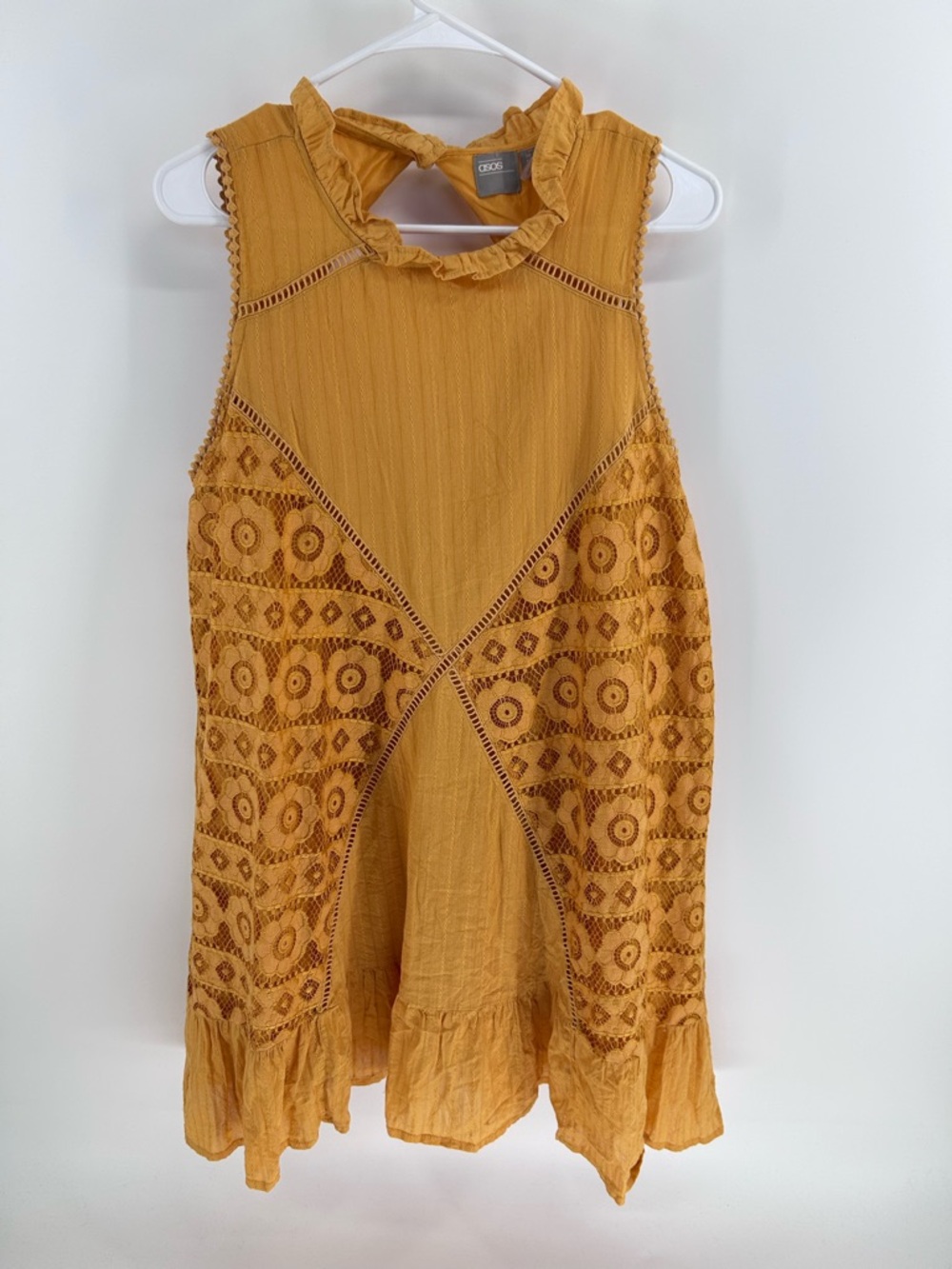ASOS DESIGN sleeveless lace insert mini dress with pephem in mustard | Size 14 - Picture 3 of 5